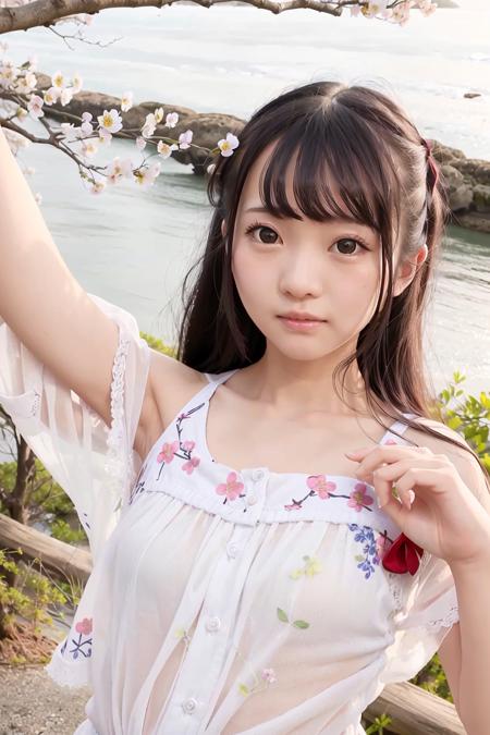 (4k, best quality), (realistic, photo-realistic),1girl, solo,(upper body),
long_hair,  black_hair,facing viewer, close-up, 
beautiful detailed eyes,small eyes, lips,
(smile),(looking at viewer),shirt,
outdoors,river, sunny,cherry blossoms,
 <lora:remu_hayami_v10:0.7>