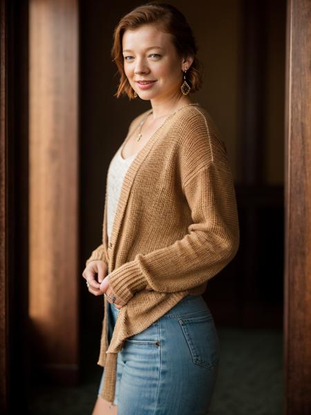 Realistic photo of a beautiful s4r4hs woman,1girl,solo,looking at viewer,smile,short hair,brown hair,holding,jewelry,standing,full body,earrings,character name,hand on hip,realistic, soft lighting, professional Photography, Photorealistic, detailed, RAW, analog, sharp focus, 8k, HD, high quality, masterpiece<lora:s4r4hs:1.0>