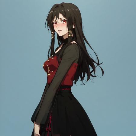 Aiyou, black hair, red eyes mismatched thighighs, dress, tranlucent black long sleeves, black short skirt, white thighigh, black thighigh,