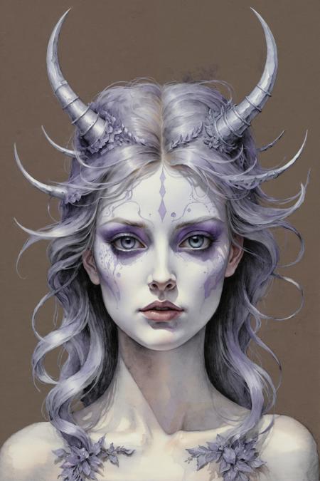 designed by Giovanni Battista Gaulli, professional Drawing, slender Freya, Smoky Conditions, Illustration, Frightening, F/1.8, Offset print, Lavender colored detailed eyes