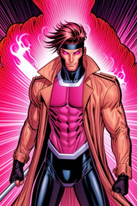 Gambit,  Le Diablo Blanc,  Remy Lebeau,  looking at viewer,  gloves,  holding,  weapon,  open clothes,  black gloves,  fingerless gloves,  pink eyes,  blurry,  coat,  bodysuit,  muscular,  headband,  glowing,  abs,  fire,  staff,  glowing eyes,  skin tight,  open coat,  trench coat,  covered abs, <lora:EMS-59834-EMS:0.800000>