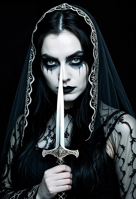 high-contrast, black-and-white photograph with a gothic, horror-fantasy theme. It features a young woman with pale skin and dark, intense eyes. Her face is painted with dramatic, exaggerated makeup, including heavy black eyeliner that extends beyond her eyes, giving her a haunting, otherworldly appearance. She has long, dark hair that is partially covered by a delicate, lacy veil that drapes over her shoulders and down her back. She is holding a large, ornate dagger with a serrated blade, which she has placed vertically between her lips, as if biting into it. Her expression is somber and intense, with a slight hint of a smile. The dagger is held delicately with both hands, the fingers wrapped around the hilt. The woman's attire is a long, flowing gown made of a sheer, lacy fabric that is intricately detailed, adding to the ethereal, ghostly atmosphere of the image. The background is dark and indistinguishable, focusing all attention on the woman and the dagger, creating a dramatic, almost surreal effect. The overall mood is dark and mysterious, evoking a sense of foreboding and danger.