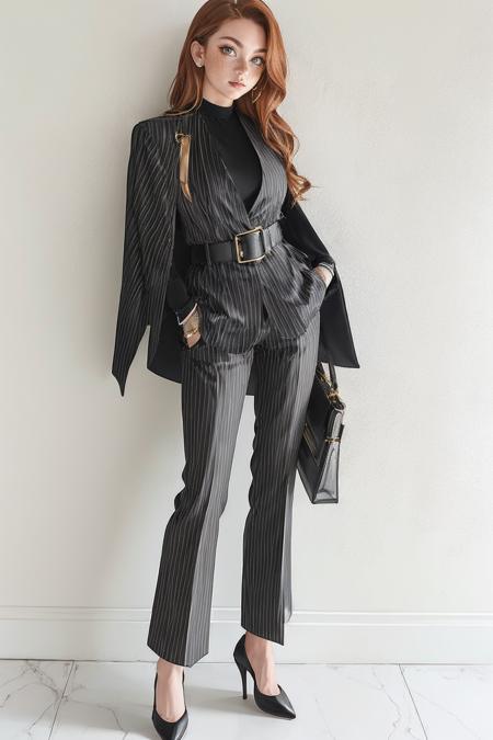 su1t, long sleeves, belt, pants, suit, hand in pocket, handbag, pinstripe pattern, highheels,