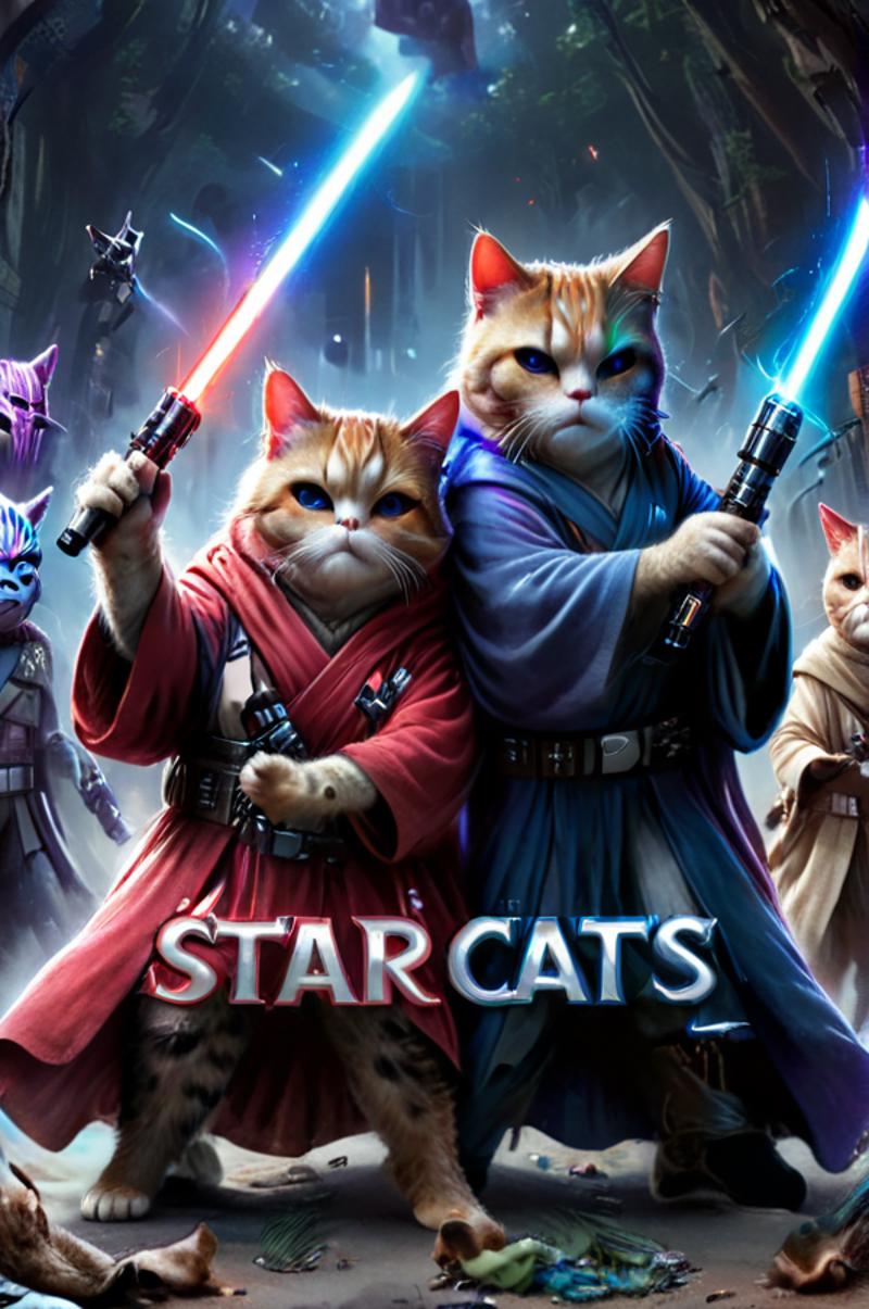 Star Wars Cats Poster Featuring Two Cat Characters with Lightsabers