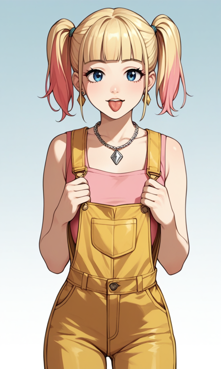 1woman,blue eyes,twintails,multicolored hair,blonde hair,pink hair,blue hair,pink crop top,necklace,yellow gold overalls, gradient hair,argyle overalls