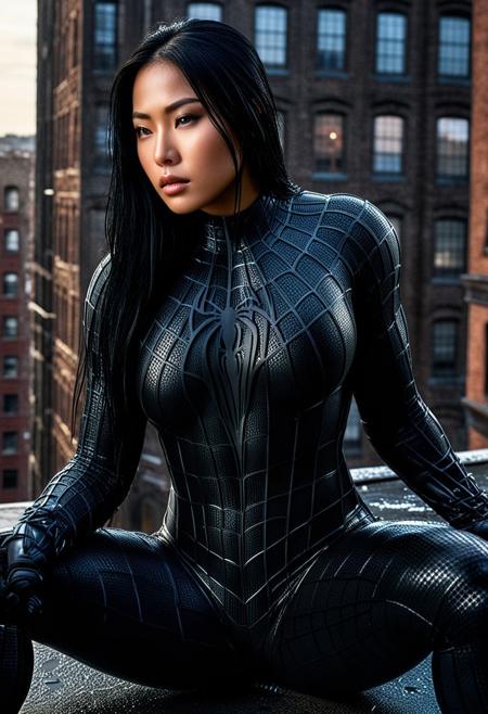score_9, score_8_up, score_7_up, best quality, realistic, masterpiece, beautiful detail, hyperrealistic, ((1girl, woman body, huge breasts)), amazing detailed full body portrait of a beautiful asian girl, wearing a realistic and highly detailed black raimi spider-man suit, ((huge muscular girl)), professional model wears ultra - detailed black raimi spider - man suit, ultra - detailed and grained black raimi spiderman suit, suit covered entire body and hand, black spiderman gloves, wet, (full body), (sitting on top of building), smoking, black hair, octane render, highly detailed, volumetric, dramatic lighting, (highest quality:1.1), (HDR:1.3), (top quality, best quality), realistic, high definition, Expressionism - sharp focus, professional photography, masterpiece, ultra detailed photograph, high quality, 8k,