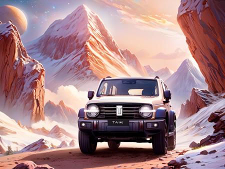 <lora:GWMTank300:1>  gwm tank 300, mountain background, rocky road, kitschy vintage retro simple, white background . magnificent, celestial, ethereal, painterly, epic, majestic, magical, fantasy art, cover art, dreamy