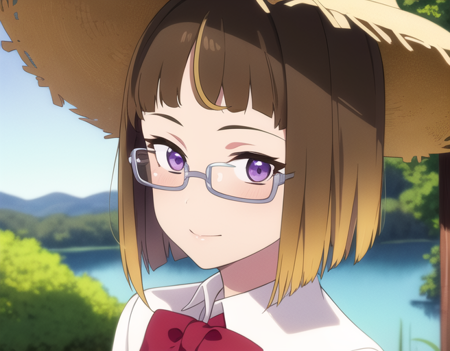 (best quality, masterpiece:1.4), detailed background, detailed face, perfect lighting, detailed eye, 1girl, solo, <lora:aria-12:0.7>, (shibuya aria, brown hair, purple eyes, short hair), glasses, straw hat, outdoor, lake, dress