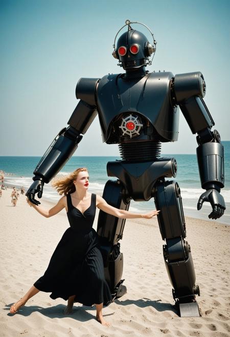 ((Film poster including a dynamic photograph from a colorized, 1936 Soviet live action film titled (" The Giant Mechanical Woman in Black Attacks the Beach! "), ((starring (actress Vera Maretskaya) in the role of (the character, The Giant Mechanical Woman in Black)), 
[(Cinematic still), (photograph from a 1936 soviet film) (using 35mm, agfacolor film stock), (using State Optical Institute cine lenses),  ((colorized with the 1936 style Bipack colourisation method) (three strip technicolor: capturing the red, green, and blue components of the scene on three separate strips of black-and-white film, later combined to create the full-color image appearance))]
