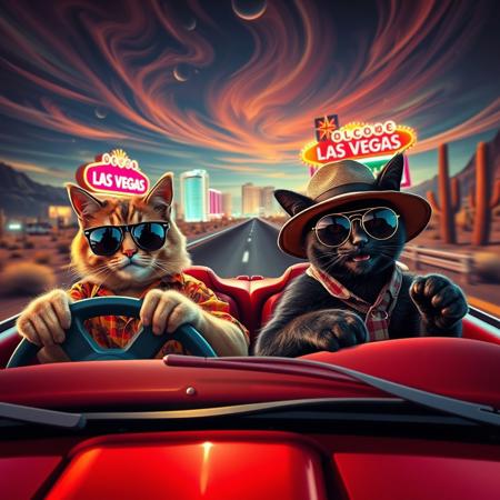 (((PERSPECTIVE FROM THE SIDE OF THE CAR))) of Two cats in a red convertible speeding down a desert highway toward a neon-lit Las Vegas skyline. The scene mirrors the iconic ‘Fear and Loathing in Las Vegas’ shot, but with feline travelers. (((The driver, a scruffy tabby in oversized aviator sunglasses and a Hawaiian shirt, grips the wheel with a wild expression. The passenger, a sleek black cat in a bucket hat and round tinted glasses, leans back with a smug grin, a cigarette dangling from its mouth and paws gesturing as he talks))).  Windshield visible with glowing luminescent bugs on it, ((perspective looking from the driver side)), exaugurated eyes and smile, smoking a joint, 
The environment is infused with psychedelic energy—distorted road signs melt into the horizon, the sky swirls with surreal colors, and cacti appear to sway and stretch. The desert landscape warps in a heatwave haze, while neon reflections shimmer in the car’s chrome details. The perspective is exaggerated and chaotic, capturing the frenetic, trippy atmosphere of the original scene in a humorous and feline twist.