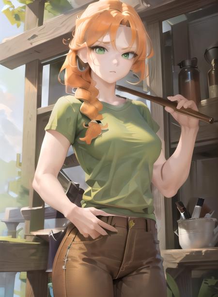 best quality, (masterpiece),(ultra-detailed), (high quality), (high resolution), <lora:alexmc:0.7>,alex, orange hair, green eyes, long hair, green shirt, pants, braid,