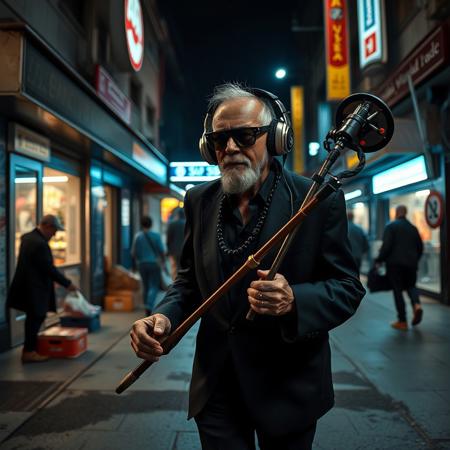 score_9, score_8_up, score_7_up, night, outside a futuristic entrance subway station, stores with neon lights, dirt trash homless, street, people selling on streets, a futuristic shaman old man 80 years latin brown skin freckles old short using a classic 50s black suit sunglasses modern futuristic big  headphones hearing music holding a staff with cds and electric parts walking stooped with difficulty