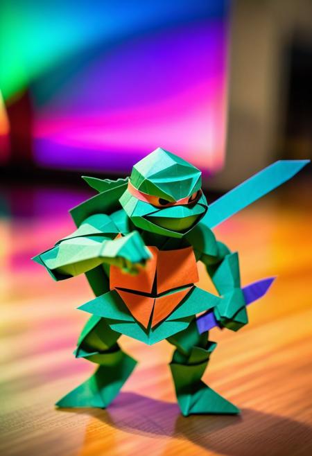 a picture of an origami of a ninja turtle fighting with shredder from the back made from a single sheet of multicolored gradient paper, the piece is displayed in a museum with many viewers in the background, bokeh