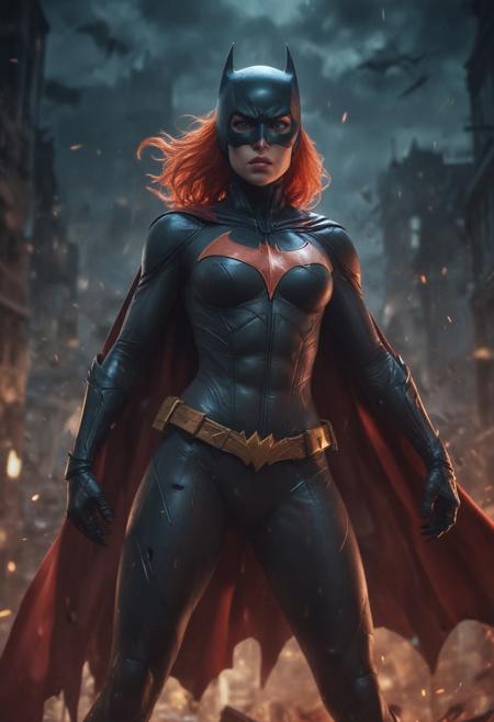 High resolution ultra-realistic of beautiful realistic  Batgirl is fighting a battle, cinematic style, standing on a bloody and stormy battlefield in a fighting pose, bloody massacre, realistic modern combat costume, black mask, red cape, perfect athletic figure, wavy red hair, handsome dirty bloody face, beautiful perfect detailed pupils, wet oily shiny skin, covered in dirt and blood, beautiful firm Breasts, defiant and seductive, sexy 20 year old girl, 8k resolution concept art portrait by Greg Rutkowski, Dark Gotham City, realistic blue eyes, full body, Artgerm, WLOP, Alphonse Mucha, dynamic lighting, hyperdetailed, intricately detailed, Splash art trending on Artstation triadic colors, Unreal Engine, 5 volumetric lighting, Cinematic Lighting, intricate, smooth, sharp focus digital painting, Asymmetrical Balance, painting, dynamic lighting