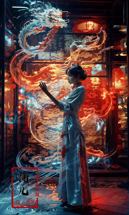 white holographic dragon, 1girl(Red cheongsam:1.5)
A shot with tension(sky glows red,Visual impact,giving the poster a dynamic and visually striking appearance:1.2),Chinese Zen style,impactful picture,
<lora:~Q?-Qh`oholographic dragon:1>