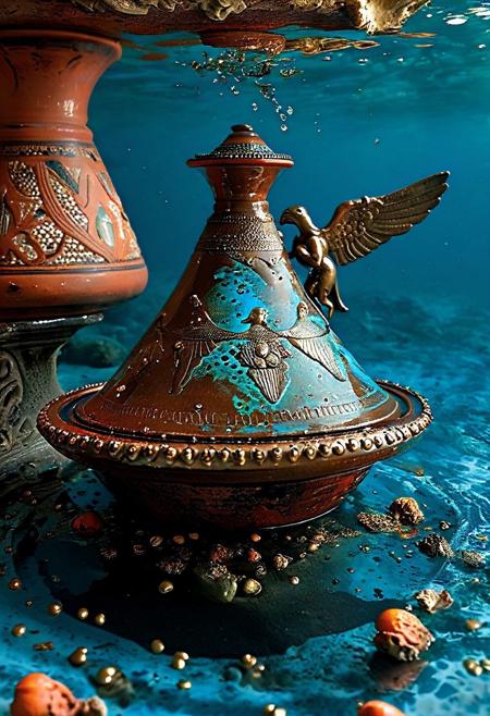 A grand banquet scene submerged in deep, cerulean waters: a tagine’s conical lid, bronzed and encrusted with coral, is held aloft by a gleaming mechanical scarab with articulated bronze wings. Its body hums with soft blue bioluminescence. The tagine’s ceramic sides bear classic black-figure Greek vase motifs, depicting the winged Nike in dynamic stride. Miniature replicas of the Victory of Samothrace are sculpted in relief on the amphora-like body of the pot, accented with glints of gold leaf. Around it, floating feasts of jeweled fruits and swirling spice nebulae cast prismatic reflections in the water. Shafts of light pierce the shipwrecked hull above, illuminating the scene with a divine, underwater glow