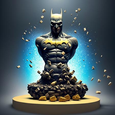 mdjrny-shttr, broken statue of batman made of (marble:1.1) with golden inlays with (blue lightnings:1.3) on background, floating stones from statue, hyper-realism, best quality <lora:broken rocks:0.6>, hyper-realism, best quality