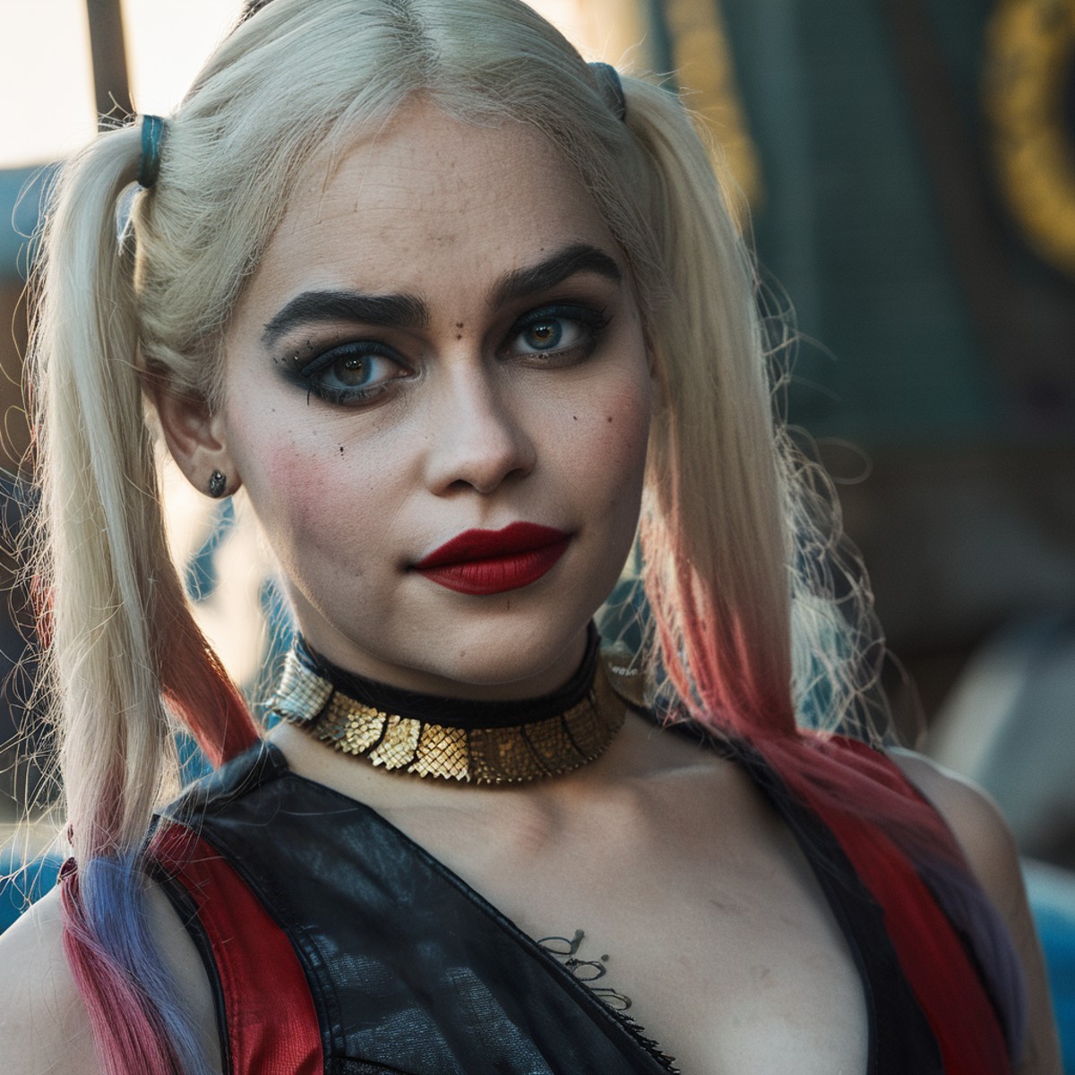 High res closeup portrait photo of an actress dressed as Harley Quinn, f /2.8, Canon, 85mm,cinematic, high quality, skin t...