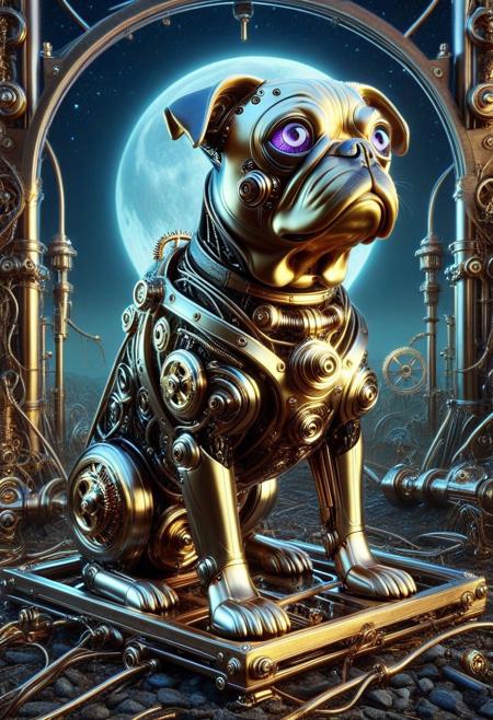 score_9, score_8_up, score_7_up, score_6_up, score_5_up, hyper-realistic, 
mechanical pug puppy made out of qu4ntum, intricate mechanical enhancements, robot, steam punk, clockwork, cyberpunk, puppy focus, somber, purple glow, autumn, cold, steampunk background being overtaken by qu4ntum, black vines, night time, night sky, abandoned and silent background, A calm meditative mood enhanced by the soft glow and deep shadows. Ls. industrial, honeycomb pattern etched into ground, ruins, dark, haunted, industrial,
qu4ntum