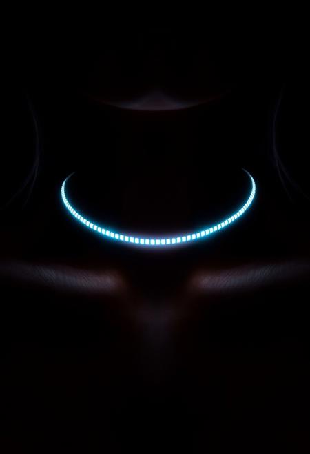 subdermal LED choker necklace, (internal LED glow:1.7), (embedded LEDs:1.6) forming a sleek, iconic choker pattern beneath the skin, glowing light along the collarbone and neck, (classic choker jewelry design:1.6), natural skin tone with light diffusion, (highly realistic skin texture:1.7), elegant and bold, high-definition, (light radiating through the skin in choker shape:1.5), seamless integration of LED glow with skin, (worn jewelry:-1.8), (visible necklace:-1.8), (unnatural glow:-1.5), smooth light transitions, advanced subdermal technology, modern and versatile, perfect for both casual and formal settings