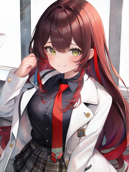 1girl, white coat, laboratory, brown and red long hair, streaked hair, multicolored hair, black collared shirt with red tie, skirt, smirk