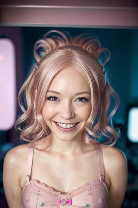 (close-up editorial photo of 20 yo woman, pink hair, cute smile, braces) (standing:1.2) (dim lit room:1.4)  <lora:epiNoiseoffset_v2:1.2>  <lora:belleDelphine_v10:0.3>, POV, by lee jeffries, nikon d850, film stock photograph ,4 kodak portra 400 ,camera f1.6 lens ,rich colors ,hyper realistic ,lifelike texture, dramatic lighting , cinestill 800,