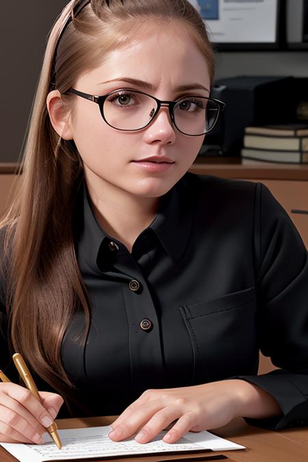 a photo of AM009_Camomile_v2,
30 years old woman, (black three-piece suit and shirt:1.4), glasses,
sitting at the counter desk with lot of business papers, <lora:LowRA:0.2>
soft light, golden hour, shoulder shot, (close up:1.5), 
4k textures, natural skin texture, skin pores, intricate, highly detailed, sharp focus, insane details, intricate details, hyperdetailed, hyperrealistic