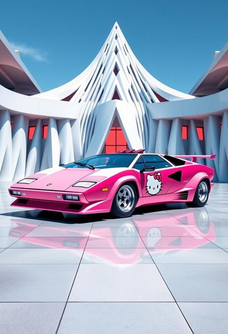 a 1985 Lamborghini Countach in the theme of hello kitty create a masterpiece print in the iconic architectural syntax of design legends zaha hadid & Tadao Ando