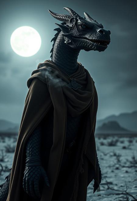 A visually striking movie-still image of a "dragonborn" (in the style of dnd/eberron dragonborn), using dragon-red 6k, with remarkably realistic lighting and textures and details. 
Features a  bleak background, perfectly detailing scales and  piercing eyes that reflect the world. This creature stands majestically, draped in a cloak made of woven canvas, its breath visible in the cold air, surrounded by a pristine, untouched badlands that is bleakly spartan under the moonlight. The scene is imbued with a sense of mystery and awe, captured through the lens of a Nikon D850 at a low angle to emphasize the imposing stature of the dragonborn against the vast, silent  night. The composition focuses on the fusion of natural and fantastical elements, suggesting an untold story of survival and adaptation, with a setting that feels both alien and familiar