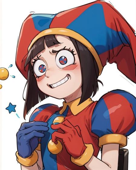 pomni, 1girl, solo, brown hair, (symbol-shaped pupils:1.1), jester cap, clown, multicolored headwear, puffy sleeves, short sleeves, hat,