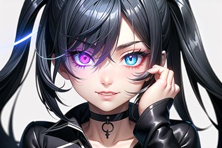 focus face, solo, 1girl, hair over face, hair covering face, dark blue hair, (heterochromia:1.25),left eye multi-colored,right eye pink,(glowing eyes:1.3),cute face, smirk, neck, choker, collarbone, cleavage, white collar, coat collar, white coat collar 