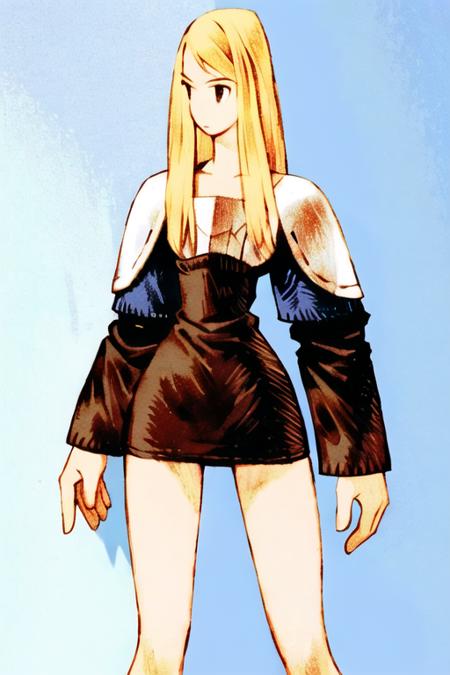 <lora:fftstyle_v1.8:0.8> 1girl, blonde hair, thigh gap, upper body, wide hips, knight, bare legs, witch, miniskirt