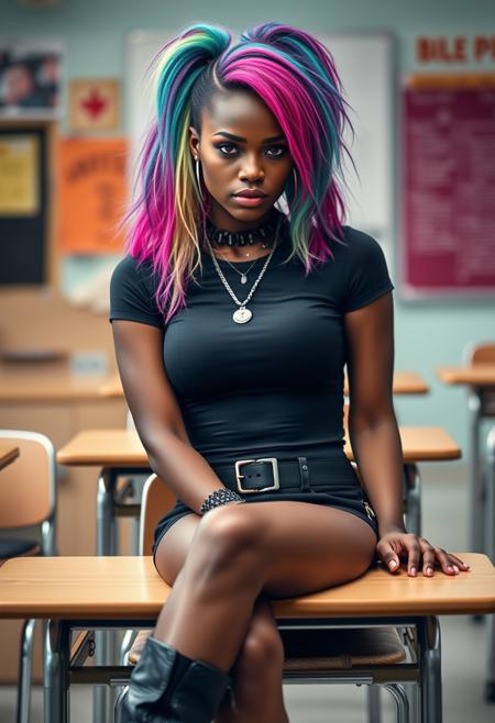 photo, realistic, ultra high quality, 8k, beautiful black supermodel, beautiful punk girl with colourful hair, striking bone structure, high cheekbones, elegant jawline, full lips, large eyes, sexy, incredibly beautiful woman, massively huge breasts, scornful look, punk attire, skintight clothes, knee high boots, sitting casually in a classroom, bratty