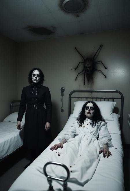 ((The devil's nurse is seen from a distance)), ((patients are seen being tortured by the devil's nurse)), ((the patients being tortured and the devil's nurse are seen in the evil hospital))
[ ((double negatives) (/ low opacity overlays)), 8k, uhd, ((full-length) (/ full body) photograph) , (intense action photograph), (slow shutter speed for motion blur), (surrealist horror theme),  (extremely detailed), (very detailed background), ( realisticvision-negative-embedding )   , (Lewis Carroll themed Tim Burton-esque twisted surreal goth horror ) ]