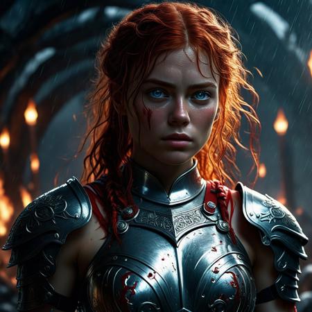 Ultra detailed digital art masterpiece Warrior girl dressed in a iron Armor and red mini skirt, Standing on a battlefield at the head of an army of knights, where a bloody slaughter is taking place, standing in battle pose, a dark epic fantasy, perfect lighting, beautiful Sadie Sink as Warrior girl, attractive woman, elegant, beautiful woman of athletic body, shot of the whole Warrior girl, unreal engine 5 nanite quality, dark fantasy, dark environment, very stormy day, LOTR style, dark washed out eyeliner, no make up, natural bloody pale face, realistic blue eyes, ultra detailed atmospheric details, beautiful glowing effects, sparkle effects, realistic body proportions, beautiful face proportions, complex masterpiece, wavy red hair, creative glowing detailed tattoos, complex physics, enhanced colors, complimentary colors, ultra detailed raytracing reflections, Ultra detailed complex background, environment feels alive, direct eye contact, dramatic lighting, wet and sweaty skin, beautiful firm Breasts, Daylight, Concept art by Greg Rutkowski, adding to the intense and dynamic atmosphere of the scene.