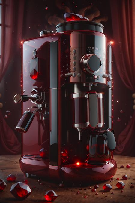 <lora:ruby-gem-style-darquelilly-v3:1> rubygemstyle, coffee machine, red crystals