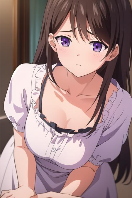 marina akizuki, long hair, brown hair, (purple eyes:1.1), dress, ribbon, collarbone, short sleeves, white dress,