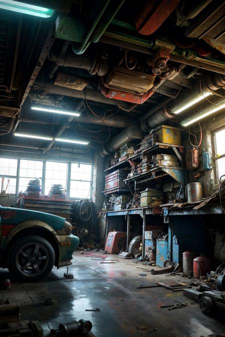 cyberpunk car workshop garage
(Clutter-Mechanical:1)
(best quality) (intricate details) (8k) (HDR) (cinematic lighting) (sharp focus)