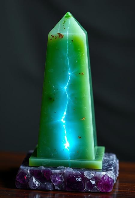 "Create a hyper-realistic image of a miniature jade obelisk, its surface etched with intricate, ancient patterns. A deep fissure runs down the middle of the obelisk, radiating a soft, blue glow that seems to pulse with an otherworldly energy. The obelisk is placed on a gemstone platform, expertly crafted from a combination of amethyst and ruby, the deep purple and crimson hues complementing the jade perfectly. The overall effect is one of ancient, mystical power and beauty." Octane render, Highest-Quality, 8 k, intricate details, visually stunning, Masterpiece