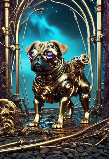 score_9, score_8_up, score_7_up, score_6_up, score_5_up, hyper-realistic, 
mechanical pug puppy made out of qu4ntum, intricate mechanical enhancements, robot, steam punk, clockwork, cyberpunk, puppy focus, somber, purple glow, autumn, cold, steampunk background being overtaken by qu4ntum, black vines, night time, night sky, abandoned and silent background, A calm meditative mood enhanced by the soft glow and deep shadows. Ls. industrial, honeycomb pattern etched into ground, ruins, dark, haunted, industrial,
qu4ntum