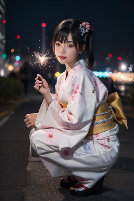 ultra-detailed,highly detailed,best quality,masterpiece,illustration,realistic,
1girl, solo, looking at viewer, brown eyes, full body,
kimono, japanese clothes, sash, obi,yukata, wide sleeves,long sleeves,  floral print, tabi, clogs,
outdoors, night sky, night,fireworks, sparkler, bug,butterfly, depth of field, blurry background, city, city lights,
long hair,  black hair, hair ornament, hair flower, twintails, bangs,
squatting,  flower,  holding,
<lora:kimono_v1_03:0.7>