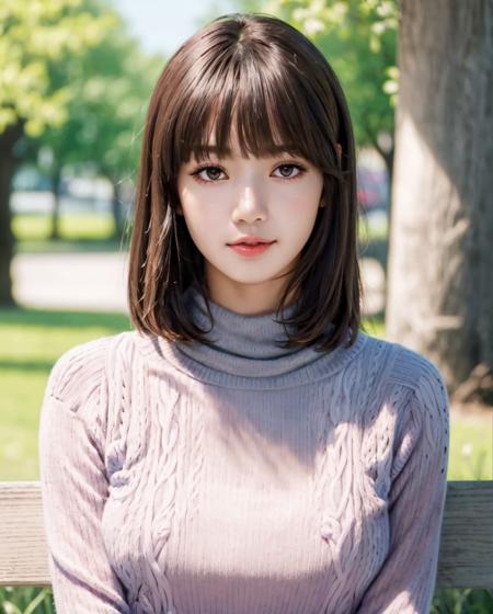 pureerosface_v1:0.3, best quality, photorealistic, 8k, high res, full color, 1girl, woman, 20 years old woman, (closed mouth:1.43), (skindentation), (portrait:0.6), trees, park bench, daylight, ((park background:1.52)), full color, ((necksweater:1.68)), looking at viewer:1.8, (1girl eyes looking at viewer:1.55), (medium-length hair, brownhair, partedbangs:1.45), (bokeh), <lora:AAW-lisa:0.65>