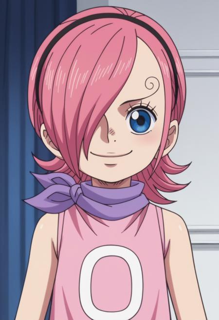 reiju, 1girl, child, blue eyes, pink hair, hairband, hair over one eye, purple neckerchief, pink dress, sleeveless,