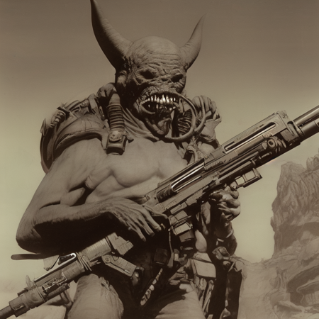 2 photo, demonic looking demon holding a machine gun in one hand (martianwarlord:1)