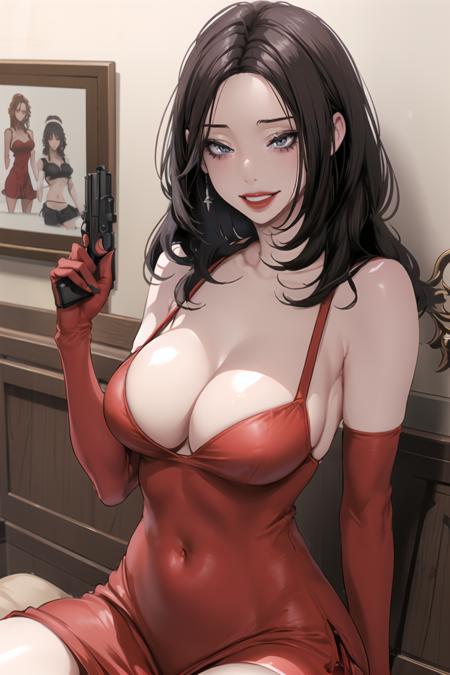 <lora:ChaJuhee_BNW:0.9> juheedef, black hair, grey eyes,
red gloves, finger on trigger, cleavage, gloves, solo, red lips, sitting, looking at viewer, holding, makeup, breasts, revolver, holding weapon, dress, lipstick, parted lips, handgun, weapon, elbow gloves, large breasts, holding gun, smile, red dress, long hair, gun, bare shoulders
masterpiece, best quality,