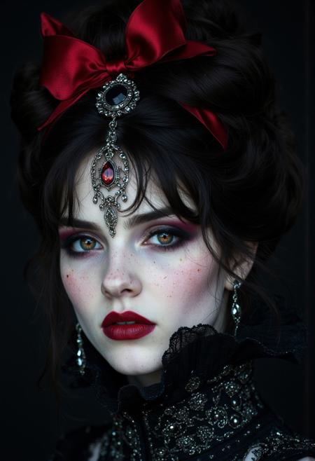 A tight, hyperrealistic headshot portrait of an adult vampire countess with flowing, silken raven-black hair arranged in an elegant high chignon, secured with a blood-red velvet ribbon adorned with an antique onyx brooch. A longer, soft fringe falls like ink across her forehead, partially veiling her hypnotic, aristocratic crimson eyes, which glisten with a quiet, ancient hunger. Her irises are captured in macro detail, revealing intricate vascular patterns and faint reflections of candlelight. Her pale, statuesque features radiate timeless elegance and a cold, predatory grace—her flawless, alabaster skin subtly textured with faint veins and a touch of old-world decay. Just the high, gothic lace collar of her midnight-black Victorian gown is visible, stitched with faded silver embroidery resembling thorned roses. Studio lighting carves out sculptural highlights along her cheekbones, while her fringe casts delicate shadows over her hollow, enigmatic gaze. The portrait emphasizes ultra-sharp detail in her eyes, hair, and skin. Studio portrait photography with macro lens and controlled lighting on a black background. Glitchcore, pixelated noise, desaturated ASCII glitches, ethereal distortions.