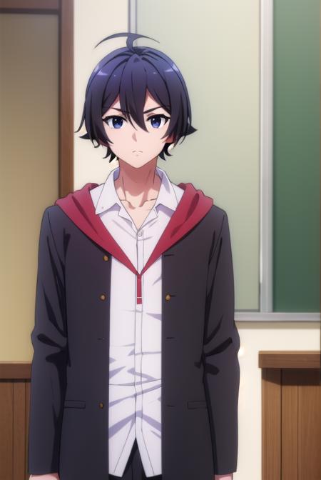 seiichihiiragi, <lora:seiichi hiiragi s2-lora-nochekaiser:1>,
seiichi hiiragi, black hair, hair between eyes, ahoge, male focus, (black eyes:1.5),
BREAK school uniform, hood, robe, shirt, white shirt, collared shirt,
BREAK indoors, classroom,
BREAK looking at viewer, (cowboy shot:1.5),
BREAK <lyco:GoodHands-beta2:1>, (masterpiece:1.2), best quality, high resolution, unity 8k wallpaper, (illustration:0.8), (beautiful detailed eyes:1.6), extremely detailed face, perfect lighting, extremely detailed CG, (perfect hands, perfect anatomy),