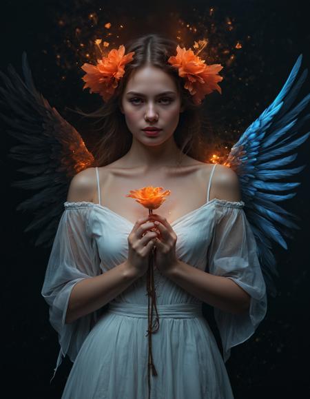 Gothic style a black background with a bright orange and blue star burst in the center of it's center,affinity photo,space art,<lora:Abstract Concept-glowing:0.4>,concept art,glowing,,concept art,glowing,Art & Language,, a woman in a white dress holding a flower in her hand with wings on her head and a glowing flower in her hand,<lora:CB-Fantasy-000008:1>, Charlie Bowater, a detailed painting, pegasus, . Dark, mysterious, haunting, dramatic, ornate, detailed