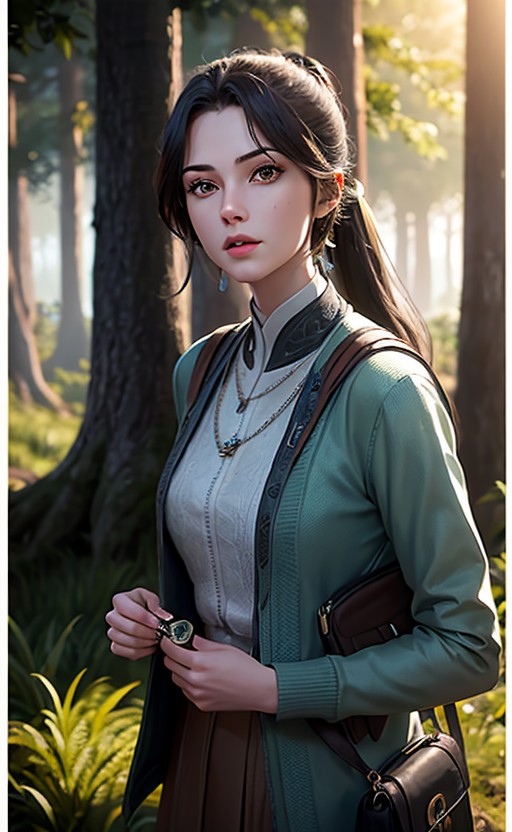 a Hyper realistic image of a 18year old girl wearing a bag holding an Ancient key In a forest, 32k, High Quality, Vibrant ...