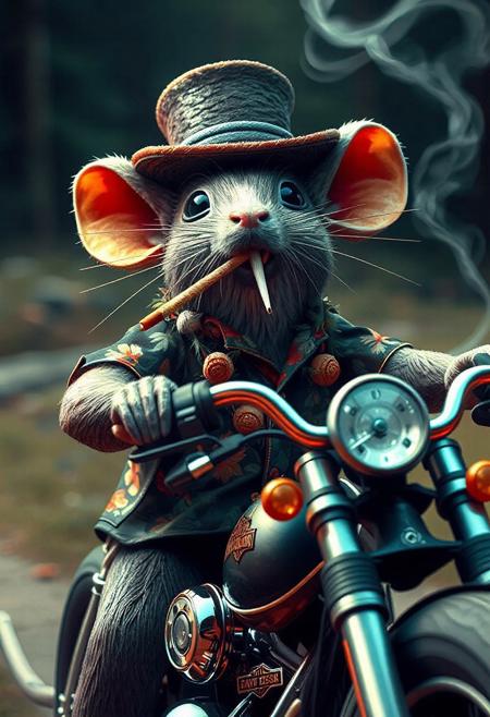 (HD, masterpiece, best quality, ultra detailed), fir needle style, pg-rated, an absurd mouse, and aloha shirt and top hat outfit give a sense of lack of taste. He rides a Harley Davidson and smokes a cigarette and gets earrings. (from below:1.3), made out of fir needles, add-detail-xl <lora:add-detail-xl.safetensors:0.8:0.8>